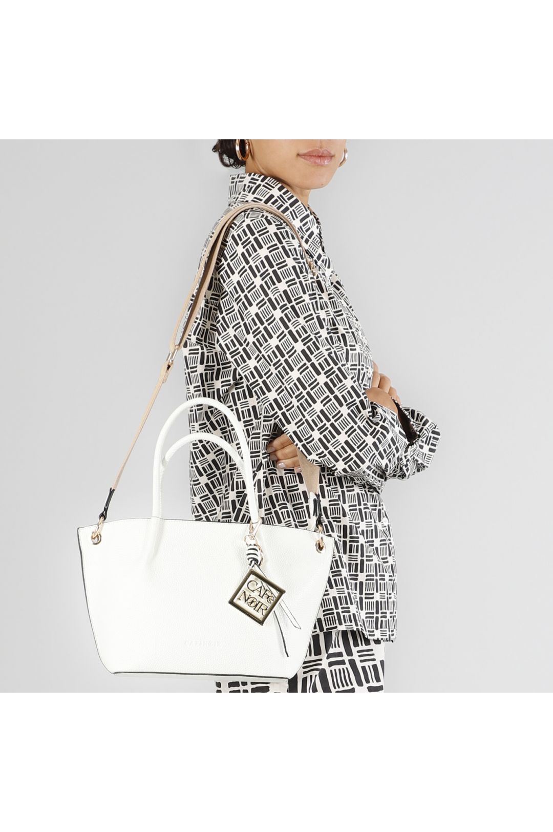 Borsa Cafènoir Tote in materiale con grana e tracolla removibile in nastro bianco YE0807