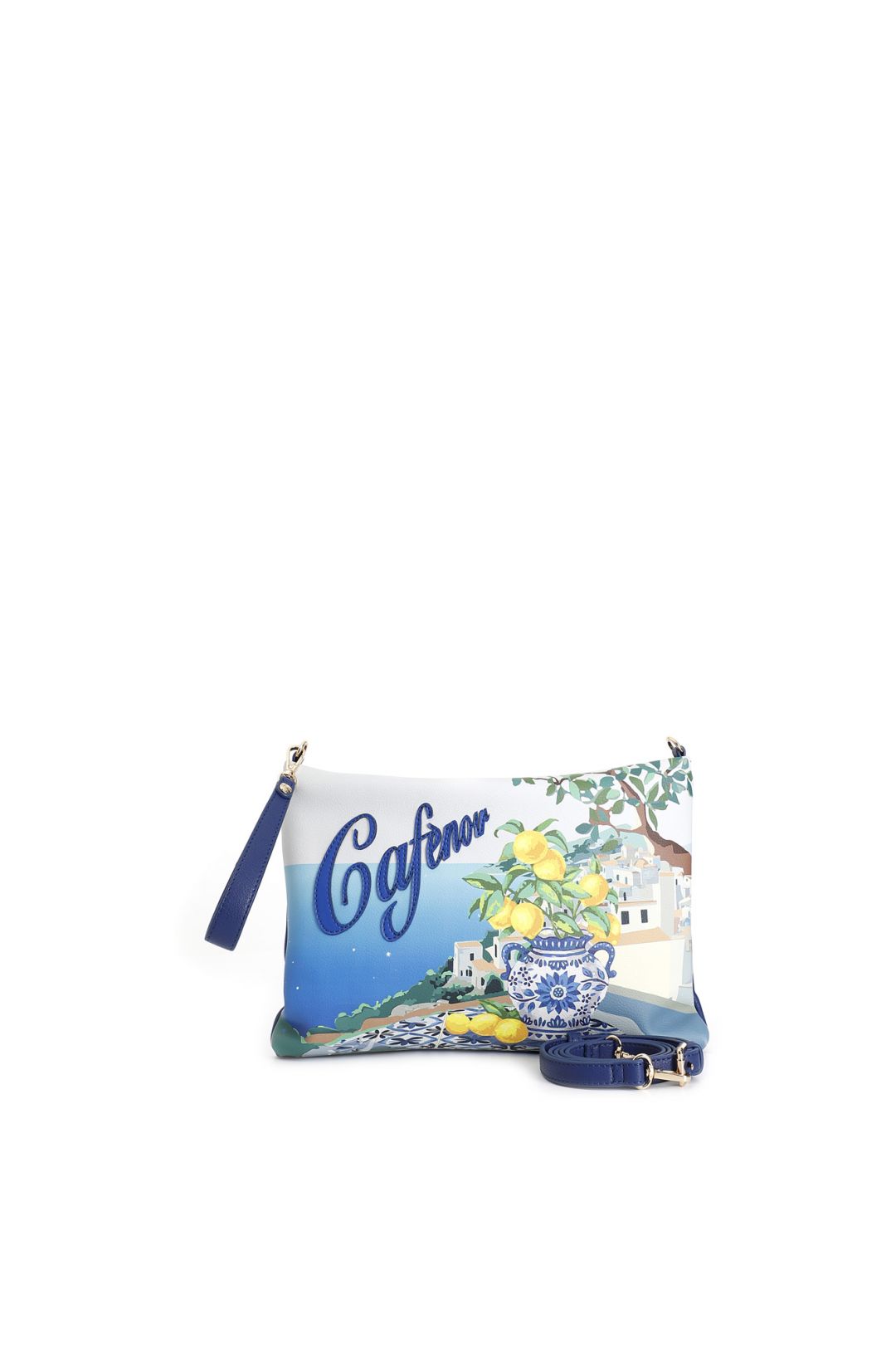 Borsa Cafènoir Pochette con stampa, manigliotto e tracolla removibile blu JB0013