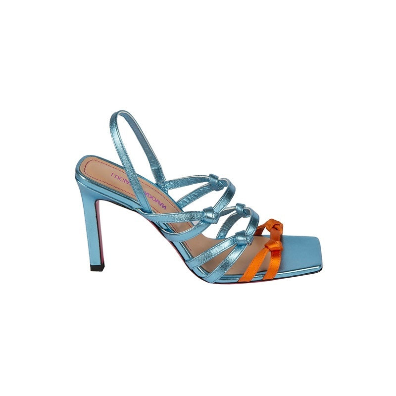 Sandali Luciano Padovan in vera pelle con nodi in pelle laminata blu e seta arancione