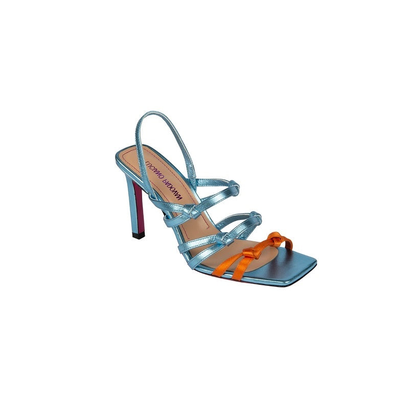 Sandali Luciano Padovan in vera pelle con nodi in pelle laminata blu e seta arancione