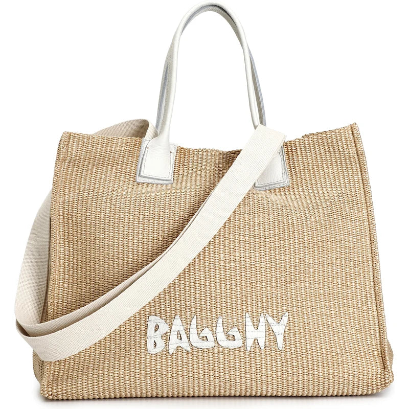 Borsa Bagghy in paglia con manico in vera pelle e tasche interne
