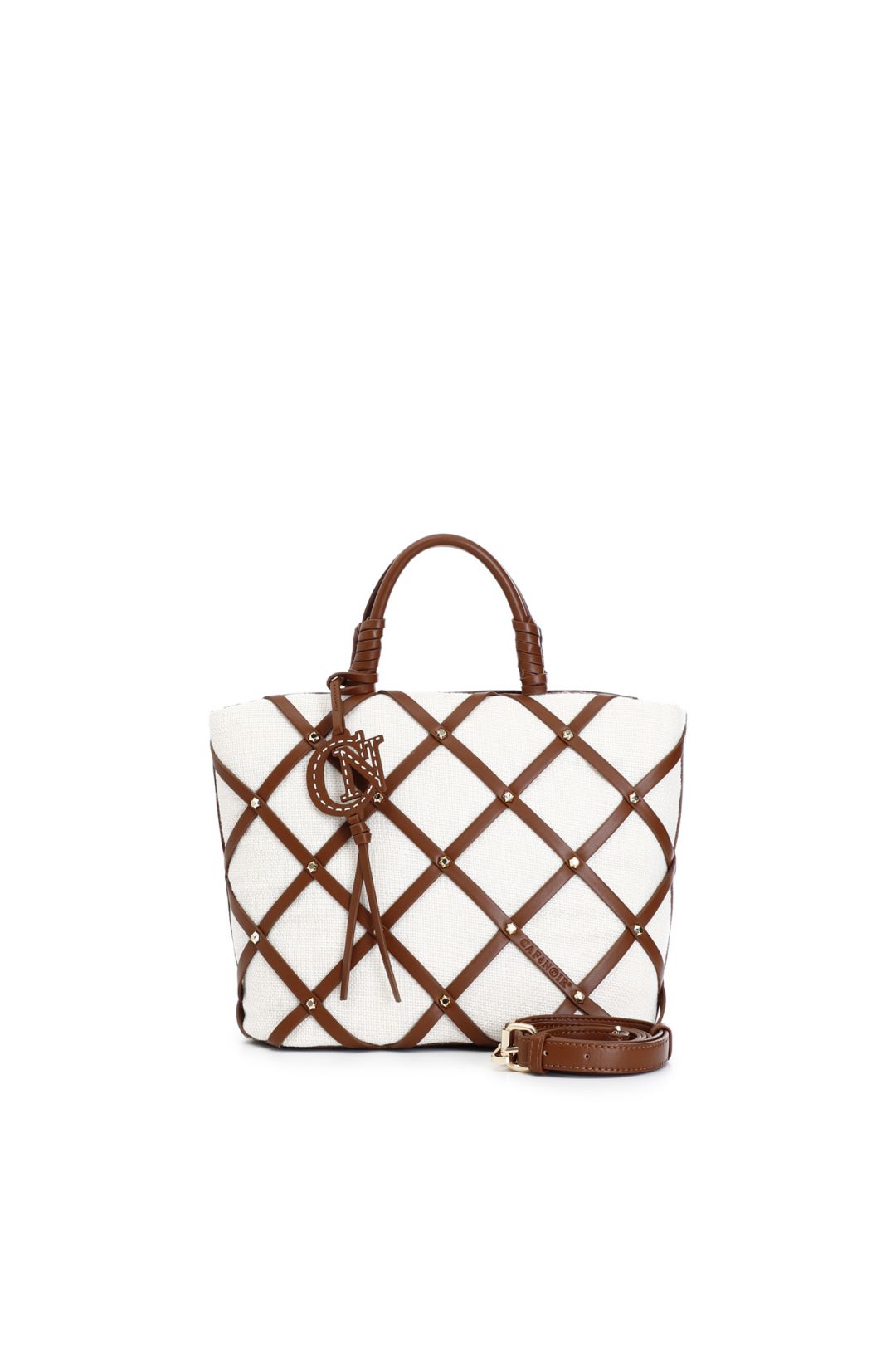 Borsa in tessuto con intreccio e borchiette naturale WD0611