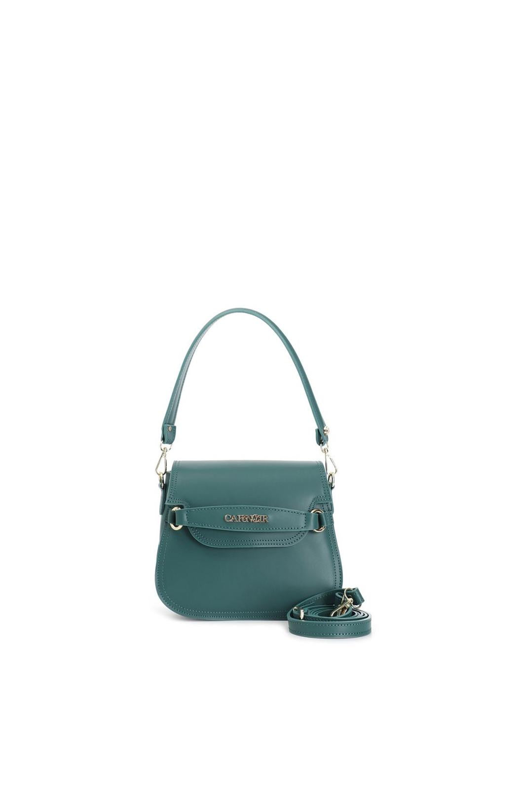 Borsa Cafènoir in pelle con tracolla corta, passante con lettering verde OP1019