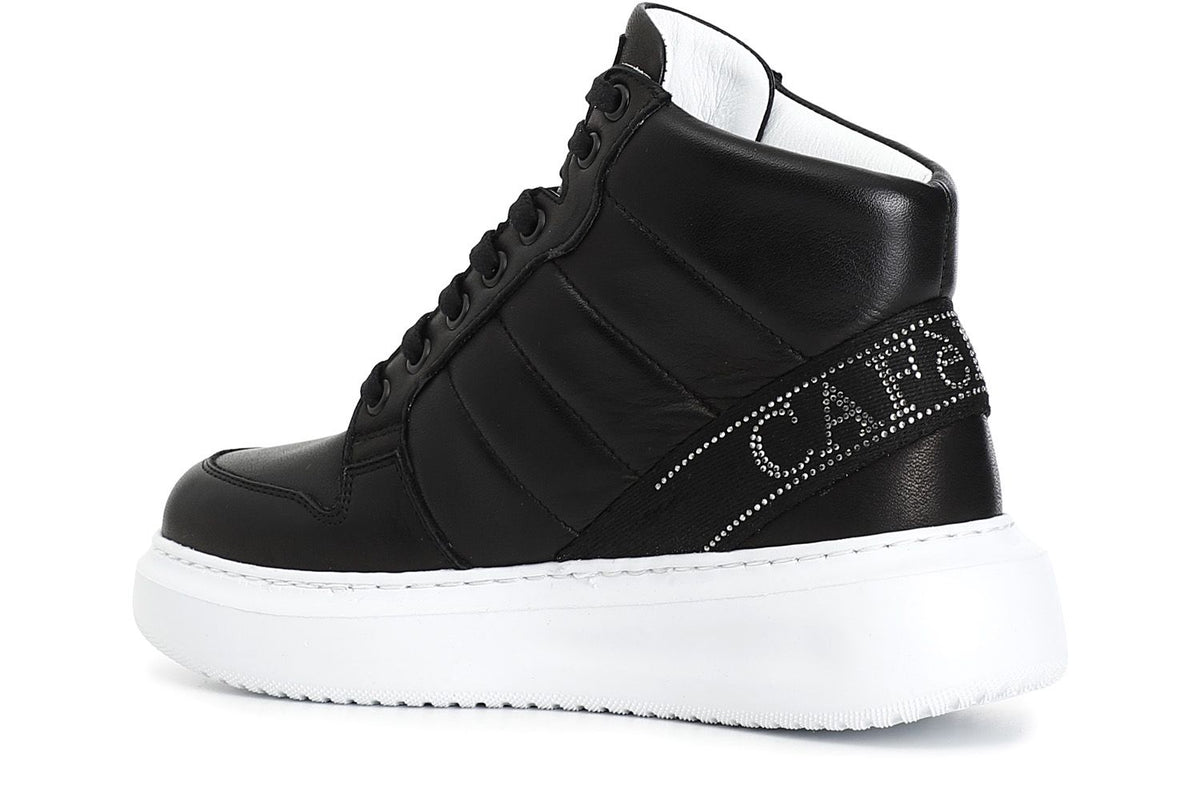 Sneakers alte in pelle con nastro logato con strass nero DE1007